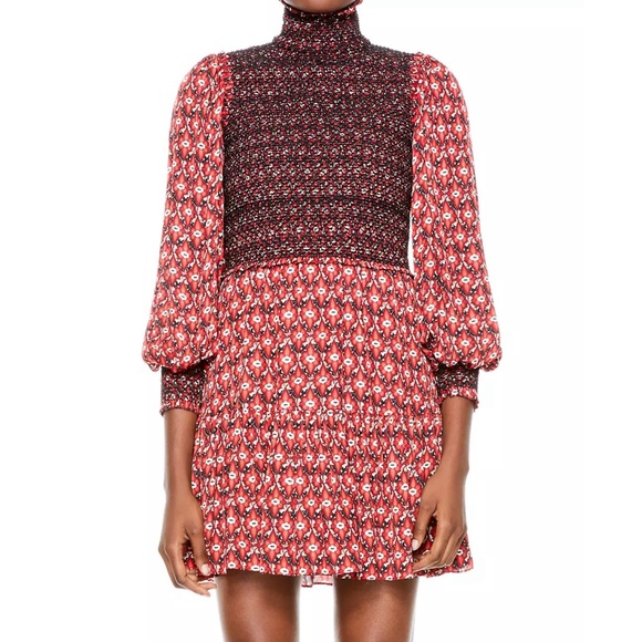 Alice + Olivia Elvira Tiered Long Sleeve Smocked Mini Dress in Red/Black Size 4 - Picture 2 of 16